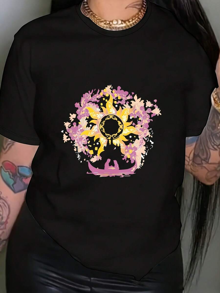 Graphic Print T-Shirt | Flowers Surround The Radiant Sun, Casual Short Sleeve Crew Neck T-Shirt For Summer And Spring, Women's Clothing - High Quality - 黑色 - 查看 1