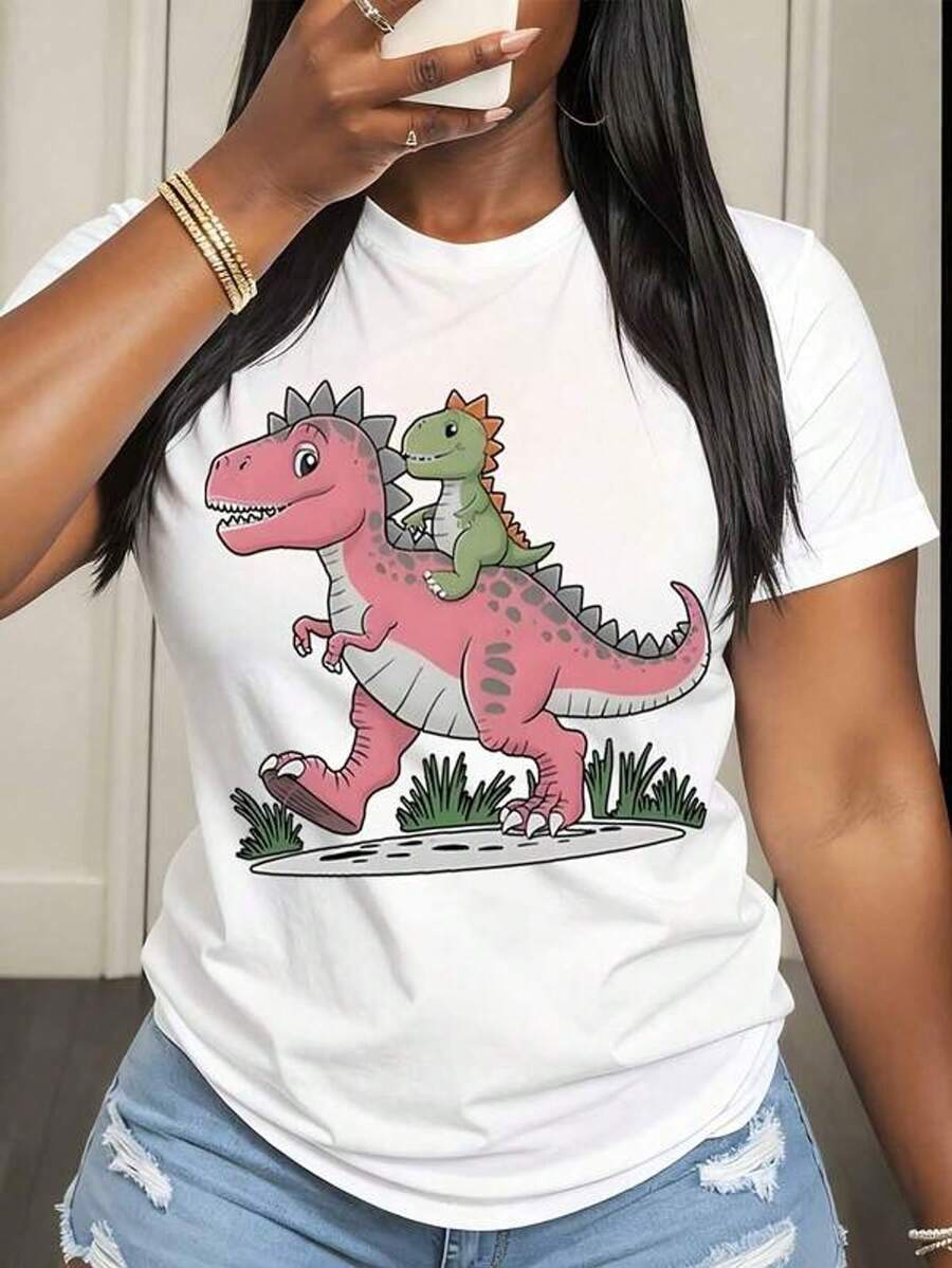 Women's Short Sleeve Crew Neck T-Shirt With Pink Dinosaur Print And Green Baby On Back, Sizes S-3XL. Fashionable, Comfortable, And Breathable. Machine Washable. - 白色 - 查看 1