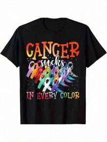 Camiseta gráfica "El cáncer apesta" en todos los colores, de algodón, cuello redondo, manga corta, para mujeres, hombres y familias, camiseta divertida para regalo en Halloween, Navidad, Día de Acción de Gracias, corte regular, tela elástica y cómoda, para usar en todas las estaciones, camisetas de algodón para hombre, tallas S-3XL. Blusas para mujer, playeras de mujer, vestidos casuales para mujer, y2k, playeras deportivas para mujer, camisetas de verano, ropa de mujer, moda perfecta para el uso diario. - Negro - Ver 1