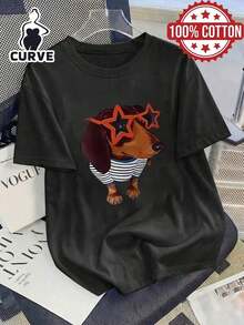 Camiseta de manga corta 100% algodón con estampado de perro para mujer de talla grande, camiseta gráfica, tela suave, ropa de algodón, camiseta para exteriores, estampado, camiseta de verano, camiseta de mujer, top, ropa de verano, atuendo de vacaciones, estilo de viaje, estilo playero, ropa minimalista para resort. - Negro - Ver 10