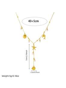 RAYQUEEN 1pc Stainless Steel Ocean Series Shell, Starfish, Dolphin, Tropical Fish Pendant Necklace, Suitable For Holiday Gifts And Beach Vacation - Yellow Gold - View 7