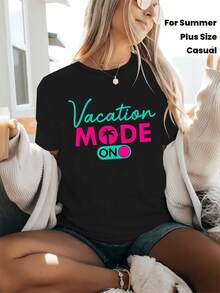 Holiday Outfits, Casual Wear, Active Holiday Fashion, Palm Tree Print, Women's Modern And Casual Round Neck T-Shirt For Spring/Summer, Everyday Wear - 黑色 - 查看 7