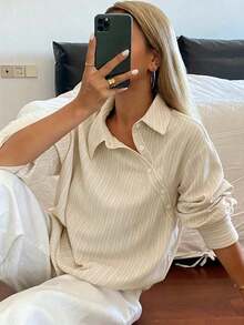 Camisa holgada de mujer con rayas y cuello de solapa - Negro - Ver 8