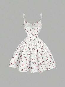 MOD Elegant Cherry Print Color Block Tie Waist Dress, Ideal For Summer, Festivals, Tropical, Vacation, Flirty, Parties, Flowy, Tea, Brunch, Fairy Core Style And Elegant Outfits For Women - 黑色 - 查看 2