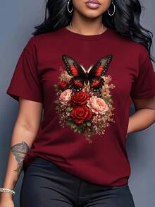 Women's T-Shirt With Rose And Peony Print - Loose Fit, Short Sleeve, Round Neck, Summer Top With Red Butterfly Details - Casual And Beach Shirt (Machine Washable) - One Piece Only (In Stock) - 紅色 - 查看 6
