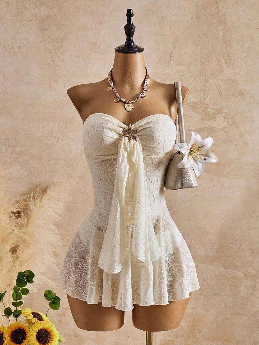 2026 Bellisia Conjunto de 2 piezas de tela jacquard texturizada amarilla, dulce y linda, falda casual de playa para vacaciones para mujeres