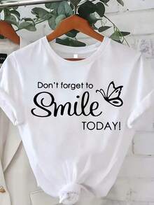 Women's Plus Size Graffiti Print T-Shirt - Don't Forget To Smile! Positive Affirmation T-Shirt With  Face And Smile Text - Soft Everyday T-Shirt For Women - Machine Washable Crew Neck - Summer Fashion Cotton T-Shirt - 白色 - 查看 7