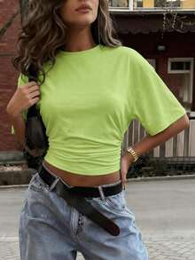 Y2K Style, Modern Style, Newest 2026, Cute Style, Casual Style, Women's Blouses > Clothing. New Stylish And Fashionable Solid Color T-Shirt, Casual, Versatile, With A Gathered Waist, Suitable For Daily Wear, School, Beach, Vacation, And Summer Home Wear, 180g (Sizes S-XXXL). - 綠色 - 查看 4