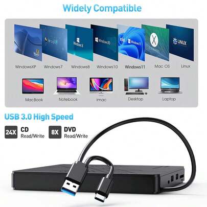 USB + Type-C 双接口外置光驱，兼容台式机、笔记本电脑、一体机和苹果电脑，支持 USB 3.0 高速传输，向下兼容 USB 2.0 和 USB 1.1 接口。二合一读写，高速光盘读写无延迟，即插即用，无需驱动程序。