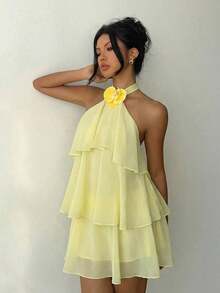 Falda de pastel con volantes y estampado de lunares jacquard con escote halter, adecuada para festivales de música de verano - Amarillo - Ver 5