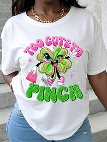 Too Cute To Pinch, Women's St. Patrick's Day Shamrock Cartoon T-Shirt, Irish Festive Gift, Wearable Art, Fashion Statement, Women's Top T-Shirts. - 白色 - 查看 1