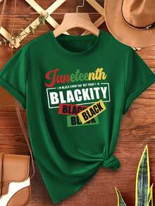 1 Piece Of Women's T-Shirt For Juneteenth Celebration, 100% Polyester Fiber, Round Neck, Short Sleeve, Geometric Pattern, Regular Casual Cut, All-Season Knit Top, 180 Grams - Black Print. - 綠色 - 查看 6