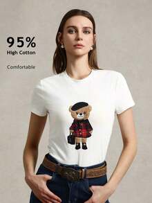 Camiseta de punto casual de manga corta con cuello redondo  para mujer, camiseta de verano para mujer, estilo casual de negocios, camiseta de manga corta para mujer.100%Cotton - Blanco - Ver 1