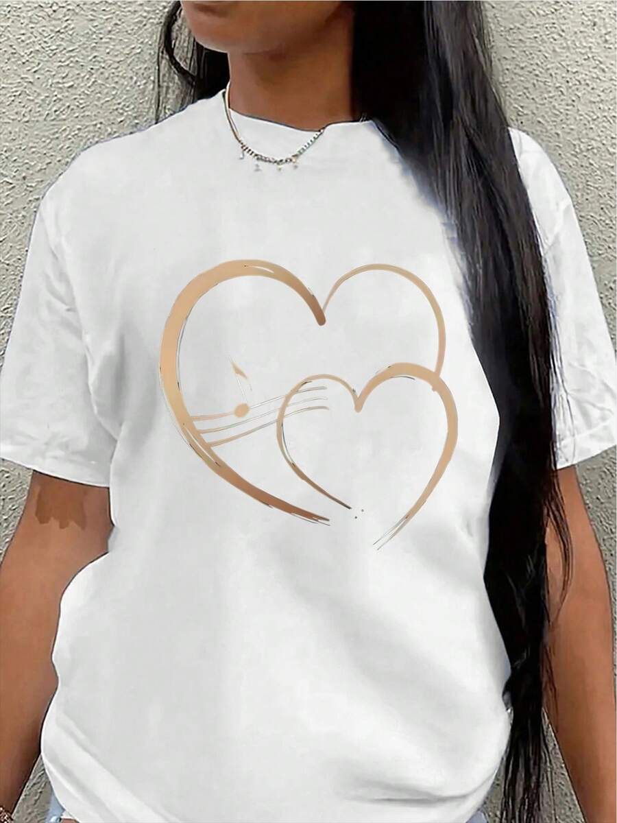 Short-Sleeved Polyester T-Shirt, Decorated With A Heart-Shaped Musical Note Pattern, Lightweight And Durable, Suitable For Casual Wear, Whether At Home, In The Office, Or At A Restaurant; Comfortable And A Good Fit For Everyday Wear. Women's Casual Blouse - 白色 - 查看 1