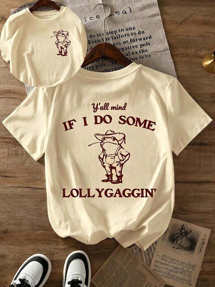 ¿Te importa si hago algo descuidado?Camiseta con Estampado Gráfico, Manga Corta, Cuello Redondo, Top Casual para Verano y Primavera, Ropa de Mujer - Albaricoque 4 - Ver 1