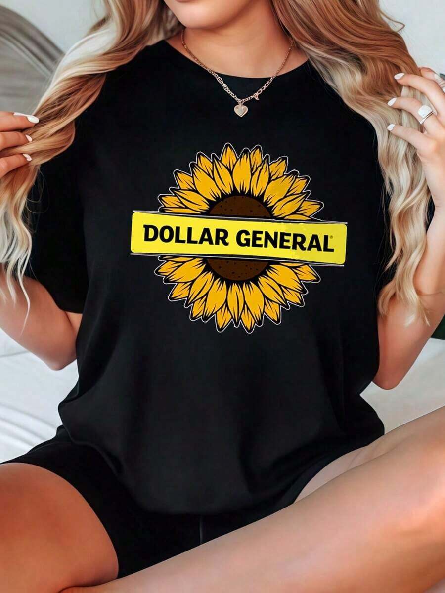 Women's Casual Crew Neck T-Shirt, Available In Black And White, Sunflower Print, Dollar General Style, Summer T-Shirts For Everyday Wear, Summer Tops, Graphic Tees, Women's Summer Sets, Women's Crop Tops, Casual Blouses For Ladies - 黑色 - 查看 1