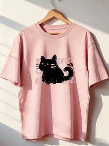 Funny Black Cat T-Shirt With Pink Text Background,  Short-Sleeve T-Shirt For Spring/Summer 2026, Made In Mexico, 180 Grams. Cartoon Print, Couple Design, Suitable For Indoor Or Outdoor Wear. Crew Neck, Unisex, Ideal For Office And Leisure. One-Pack. - PK-P631577SLNDXZGY640 - 查看 3
