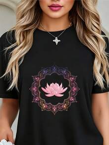 Camiseta Deportiva Casual para Mujer con Diseño de Mandala de Loto Rosa - Camiseta Negra Elástica de Cuello Redondo, Lavable aáquina, Ajuste Cómodo para Todas las Estaciones, para un Look Informal y Estiloso. - Negro - Ver 1