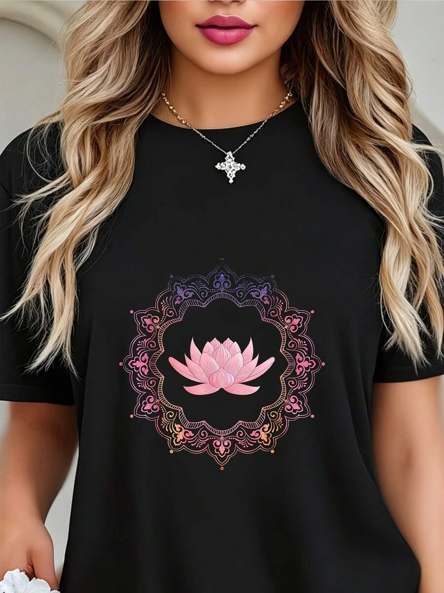 Camiseta Deportiva Casual para Mujer con Diseño de Mandala de Loto Rosa - Camiseta Negra Elástica de Cuello Redondo, Lavable aáquina, Ajuste Cómodo para Todas las Estaciones, para un Look Informal y Estiloso. - Negro - Ver 1