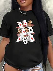Polyester Short-Sleeved T-Shirt With A Poker Card And Monkey Design, Lightweight And Durable, Suitable For Casual Wear At Home Or In Restaurants. Women's Casual Blouse - 黑色 - 查看 7