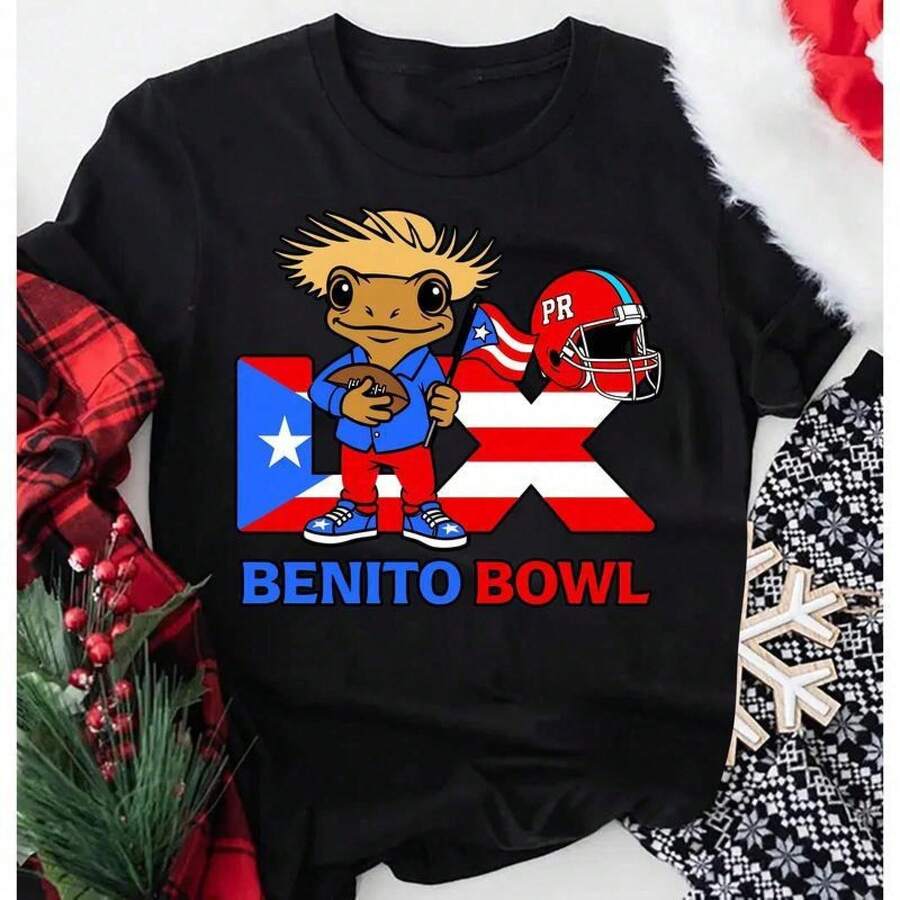 Oversized 100% Cotton T-Shirt With Fun Print Of Benito The Rabbit Bowl + American Football Touchdown. Perfect Christmas Gift For Family/Boyfriend/Girlfriend #Rabbit #BenitoBowlFair #FunHolidayTK #ChristmasFootball Fit 4MFV RA5O - Black - View 1