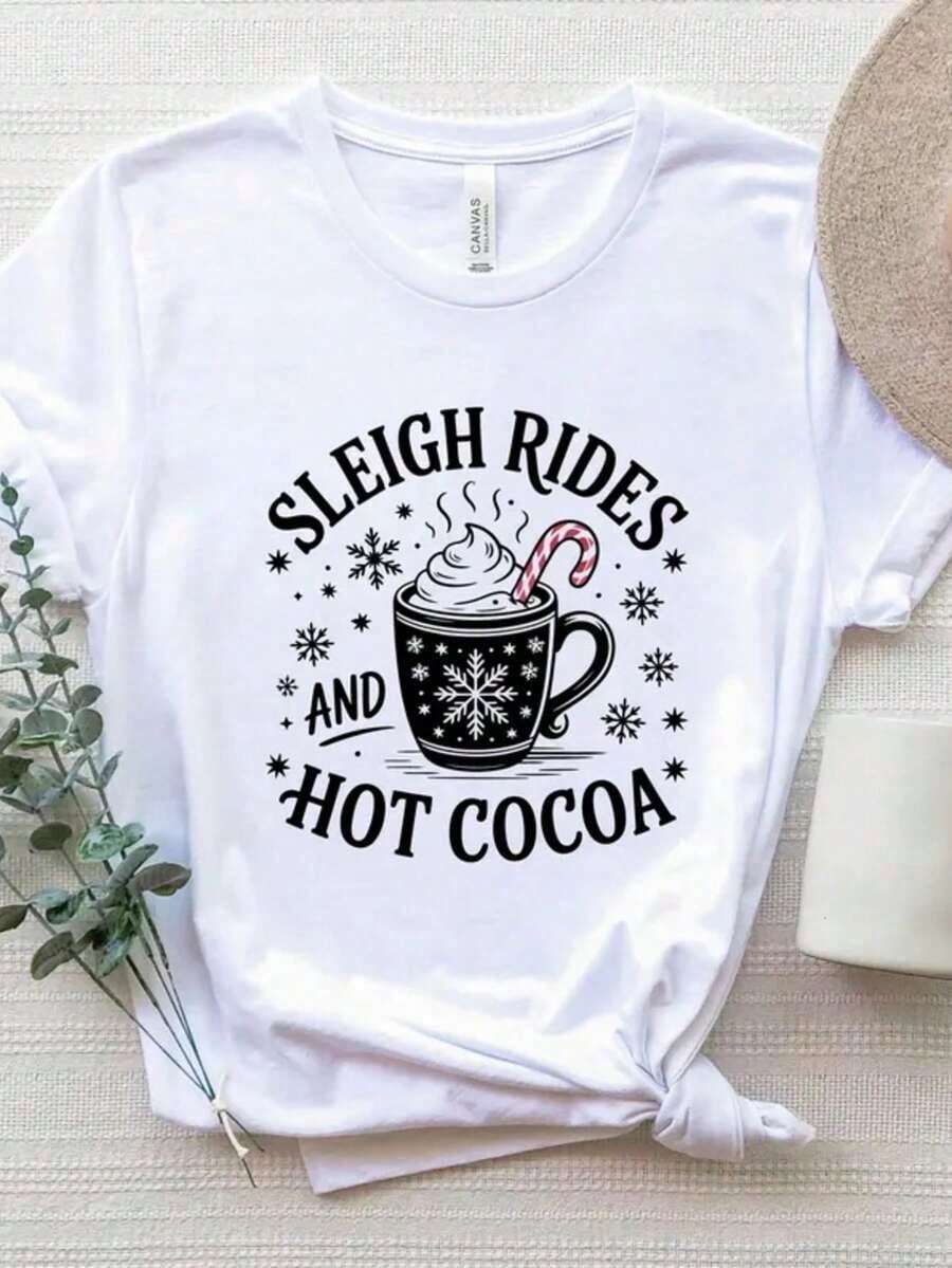 1 Sleigh Rides And Hot Chocolate T-Shirt, Cute Christmas T-Shirt, Hot Chocolate T-Shirt, Women's Christmas T-Shirt, Vintage Sleigh Rides T-Shirt, Winter T-Shirt, 180g 100% Cotton. - 白色 - 查看 1