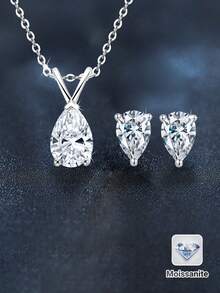 3pcs 925 Silver Jewelry Set: 1pc 6x9mm Teardrop Pendant Necklace, 2pcs 4x6mm Moissanite Stud Earrings, Suitable For Women's Daily Wear, Parties, Holidays, Valentine's Day, Mother's Day, Weddings, Anniversary Gifts - Silver - View 7