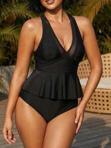 Womens Swim Skirt High Waisted Bikini Sets Tummy Control Swimsuits Mesh Sarong Wraps Bathing Suits - A Black - View 3