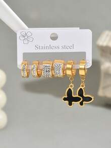 6pcs/Set Women's Stainless Steel Butterfly Rhinestone Hoop Earrings Set, Suitable For Daily Wear - Multicolor - View 5