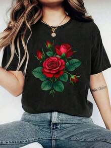 Soft 100% Cotton T-Shirt, Casual Graphic Tee For Young Women, 1 Piece, Plus Size, With Red Rose Print - Short Sleeve T-Shirt, Round Neck, Casual Design, With Burgundy Leaves And Roses, Lightweight And Breathable Fabric, Suitable For Spring And Summer Casual Wear, Valentine's Day Outfit, Stylish Machine Washable Shirt, Floral Pattern Of Bright Red Roses And Green Leaves, Loose Fit To Highlight Feminine Fashion - Casual T-Shirt For Women - Comfortable And Loose, New And Stylish T-Shirt, Made Of Breathable Cotton, Goes With Everything. - 黑色 - 查看 6
