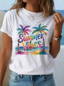 Camiseta Deportiva Casual para Mujer con Gráfico de Palmas Tropicales - Camiseta Elástica de Cuello Redondo, Lavable aáquina, Ajuste Cómodo y Perfecta para Todas las Estaciones, para Vibras de Verano. - Blanco - Ver 1