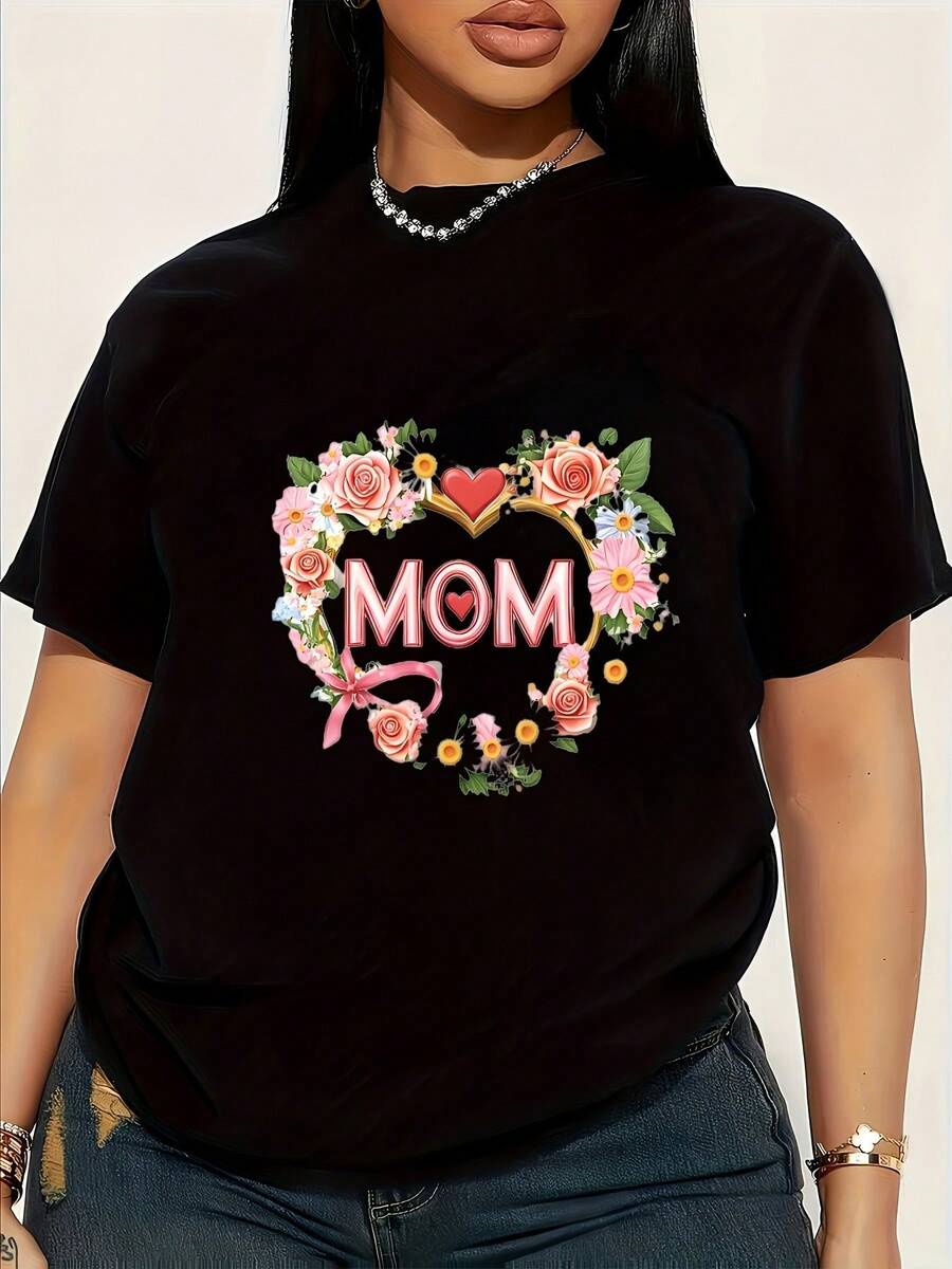 Camiseta Estampada para Mujer con Diseño de Corazón Floral y MOM - Camiseta Negra Casual de Manga Corta y Cuello Redondo, Corte Relajado para Todas las Estaciones, Perfecta para el Uso Diario y Atuendos de Vacaciones (Lavable aáquina). - Negro - Ver 1