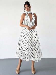 YKhahaFirerie Vestido midi de cintura alta con escote en V y espalda descubierta, de estilo vintage francés con lunares, apropiado para el Día de San Valentín, conciertos, actuaciones, citas, banquetes, bodas, sexy, elegante, ida y vuelta al colegio, vacaciones, playa, románticoYKhaha - Blanco - Ver 6