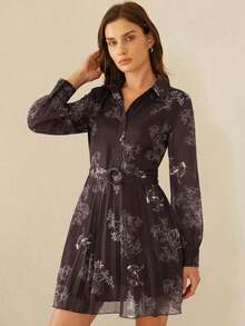 Women's Floral Print Dress With Front Buttons And Belt For Vacation - 灰色 - 查看 6