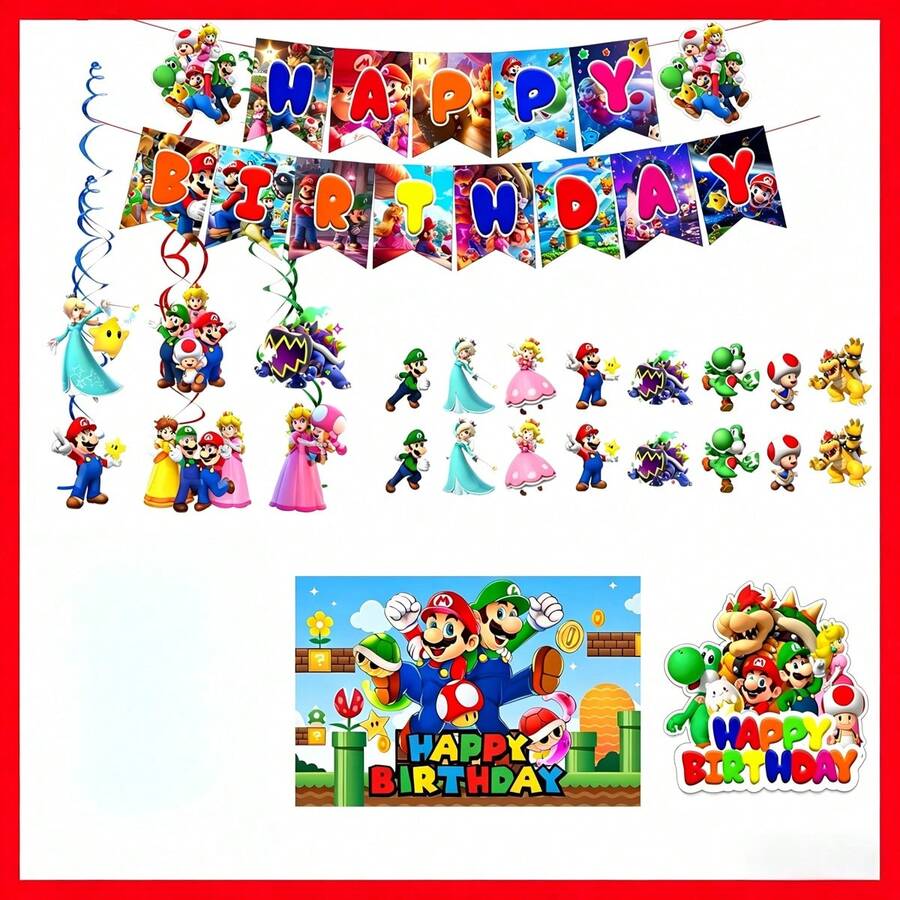 SUPER MARIO BROS. 1set Super Plumber Bros Adventure Game Inspired Party Decorations, Happy Birthday Banner + Swirls + Cake Toppers + Backdrop Set, Featuring Princess, Green Dinosaur & Classic Game Characters, Complete Supplies For Themed Parties, Indoor & Outdoor Use - Multicolor - View 1