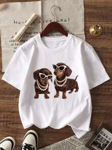 Camiseta de manga corta para mujer con estampado de perlas y gafas de sol de Dachshund, estilo mexicano básico, con temática de perro divertido, top casual, corte holgado, efecto adelgazante, cómoda y transpirable, estilo retro americano, lindo y relajado, camiseta para mujer, perfecta para el día a día/para amantes de mascotas/reuniones de chicas/ropa de campus/nuevos lanzamientos de ropa de primavera-verano. - Blanco - Ver 5
