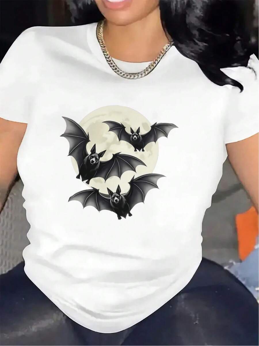 Camiseta Ligera de Poliéster de Manga Corta con Diseño de Murciélago para Decoración del Hogar, Duradera y Ligera, Ideal para Fiestas o Uso Casual, Tejido Cómodo, Elegante y Perfecta para Uso Diario en Verano - Blanco - Ver 1