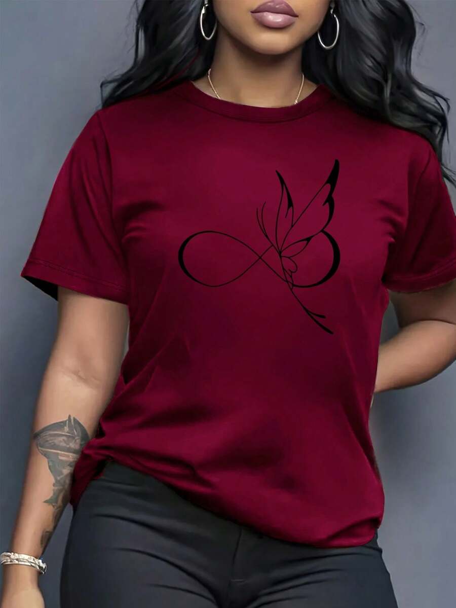 Women's Elegant Printed T-Shirt - Summer Fashion, Stylish Design, Comfortable And Breathable, Round Neck T-Shirt, Soft Material, Suitable For Everyday Wear And Outdoor Activities In Autumn And Summer, Casual Yet Elegant Clothing For Women. PCMN - 紅色 - 查看 1
