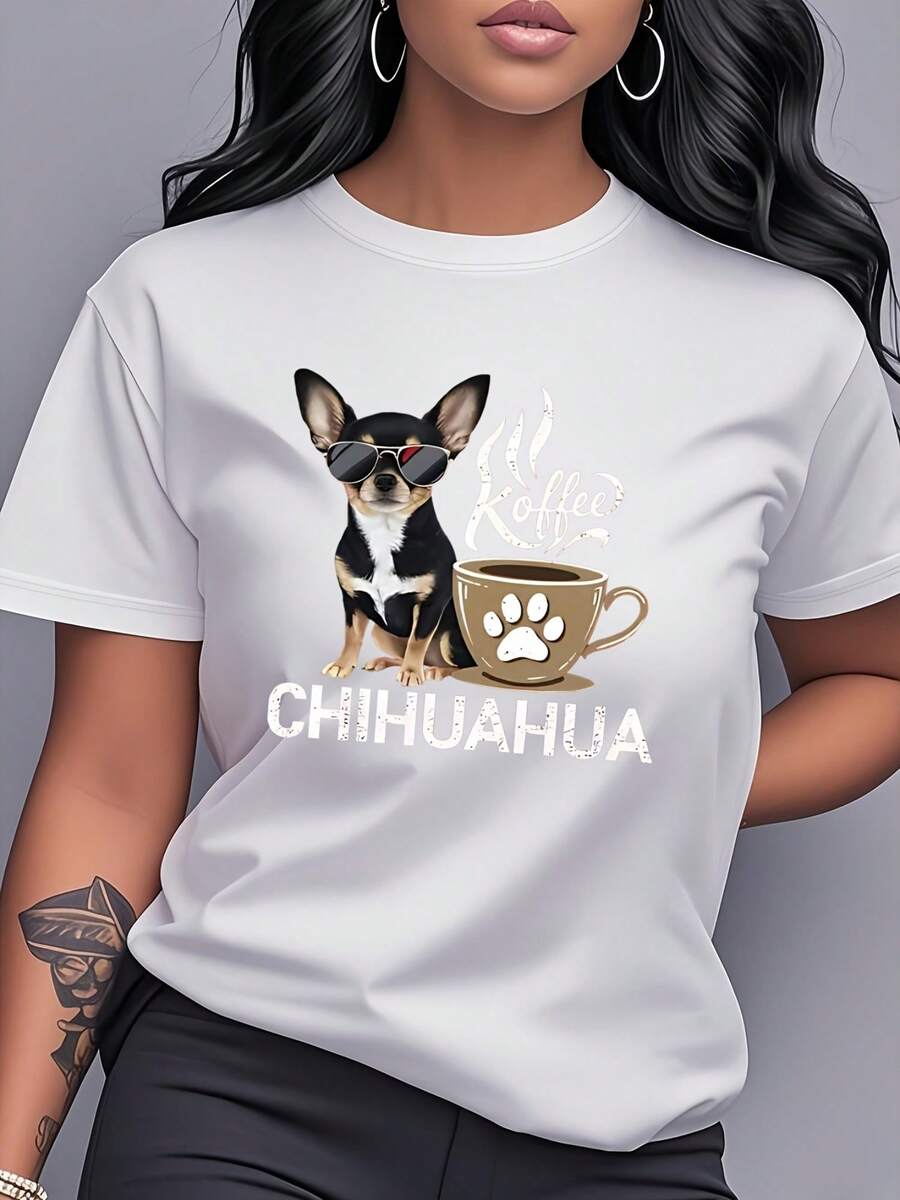 Women's T-Shirt, Cute T-Shirt With Coffee And Chihuahua Print, Short Sleeve And Round Neck Women's Clothing, Personalized And Fashionable, Versatile For Casual Wear At Home, Outings, Travel, Vacation, Daily Wear And An Excellent Gift Choice. - 白色 - 查看 1