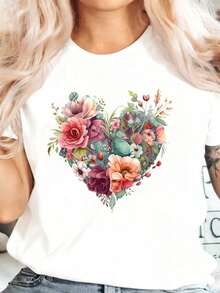 Bohemian Style Floral Heart Print T-Shirt, Romantic Flower And Leaf Design For Casual And Everyday Wear, Cotton T-Shirt - 白色 - 查看 1