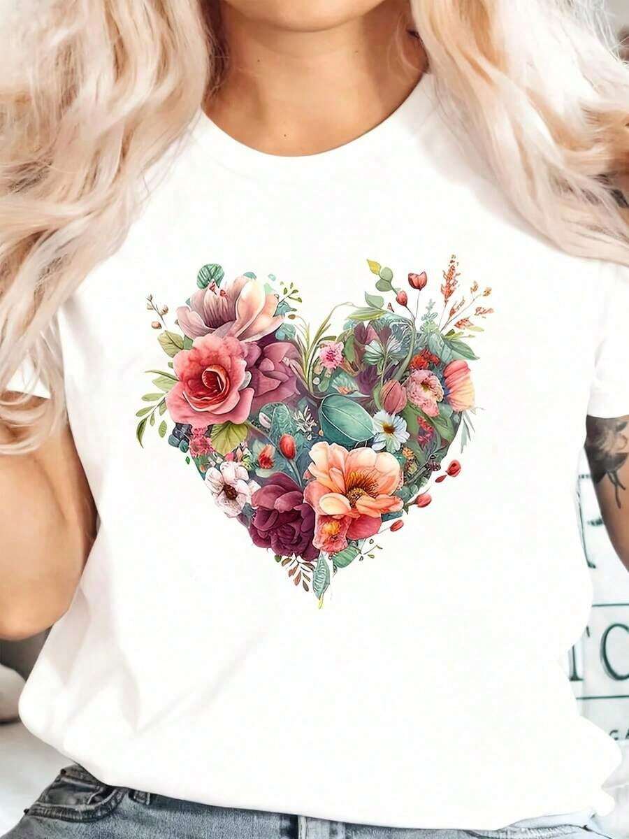 Bohemian Style Floral Heart Print T-Shirt, Romantic Flower And Leaf Design For Casual And Everyday Wear, Cotton T-Shirt - 白色 - 查看 1
