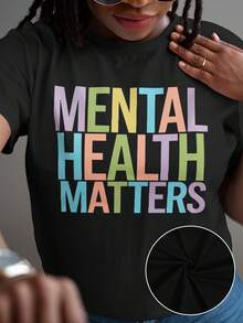 Suave, transpirable y ligera para comodidad durante todo el día. Talla grande - Camiseta gráfica para mujer 'La Salud Mental Importa' - cuello redondo casual, mangas cortas, negra con estampado colorido, cómoda para primavera y verano, uso diario.| Estilo casual| Tela duradera, ropa de uso diario| Estilo casual| Tela duradera, talla grande. Cuello redondo clásico con un corte relajado que favorece todas las formas del cuerpo y es fácil de combinar con jeans, shorts y leggings. - Negro - Ver 3