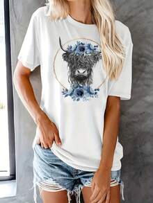 Camiseta con estampado de cabeza de vaca, top casual de manga corta y cuello redondo para verano y primavera, ropa de mujer. - Negro - Ver 6