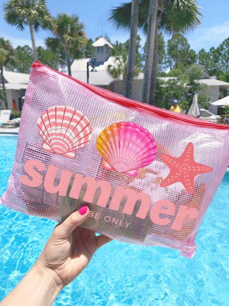 防水 PVC 沙灘包,附「Summer」沙灘圖案,A4 透明文件袋,大容量化妝包,網格拉鍊包,便攜游泳包,適用於游泳、潛水、夏季假期、返校、外出、日常生活、旅行必需品,送給家人、朋友、愛人、老師的完美禮物,生日禮物、節日禮物、派對禮物、返校禮物,臥室裝飾,返校 - 彩色 - 查看 1