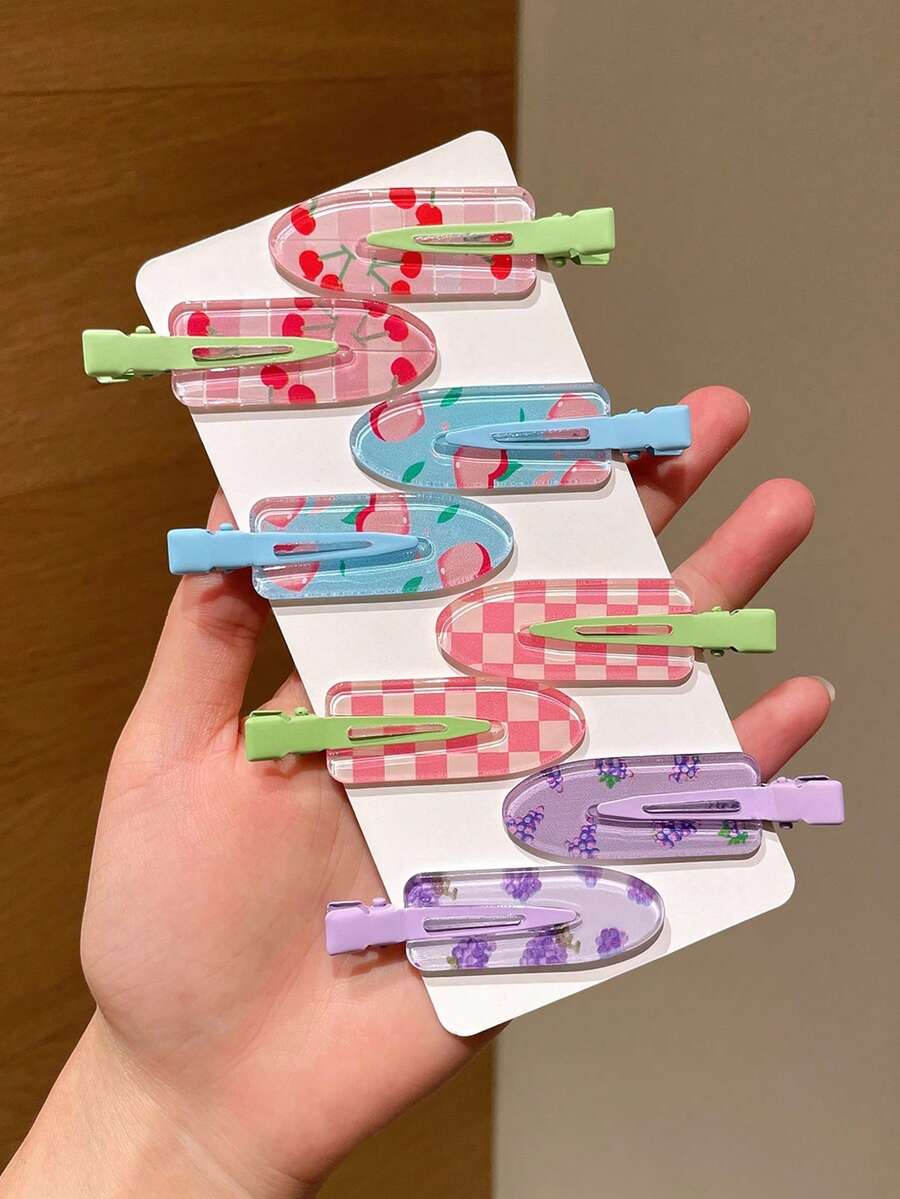 8件組隨機混搭甜美水果圖案髮夾，包含櫻桃與葡萄印花，適用於瀏海、側邊、髮髻、日常髮型、約會、海邊度假、洋裝、聚會、送禮、減齡、實用配件、髮梳