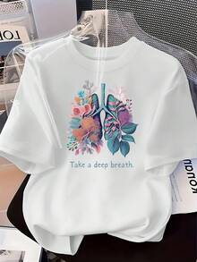 ¡Oferta por tiempo limitado, unidades limitadas,  relámpago! Camisas casuales para mujer, camisetas de poliéster para mujer, camisas elegantes. Camiseta de manga corta y cuello redondo para mujer - Blusa de verano 100% poliéster lavable a máquina con estampado vibrante de pulmón y flores, ajuste casual de línea recta adecuada para viajes, uso diario, atuendos - Camiseta de manga corta y cuello redondo para armario de clima cálido - Blanco - Ver 1