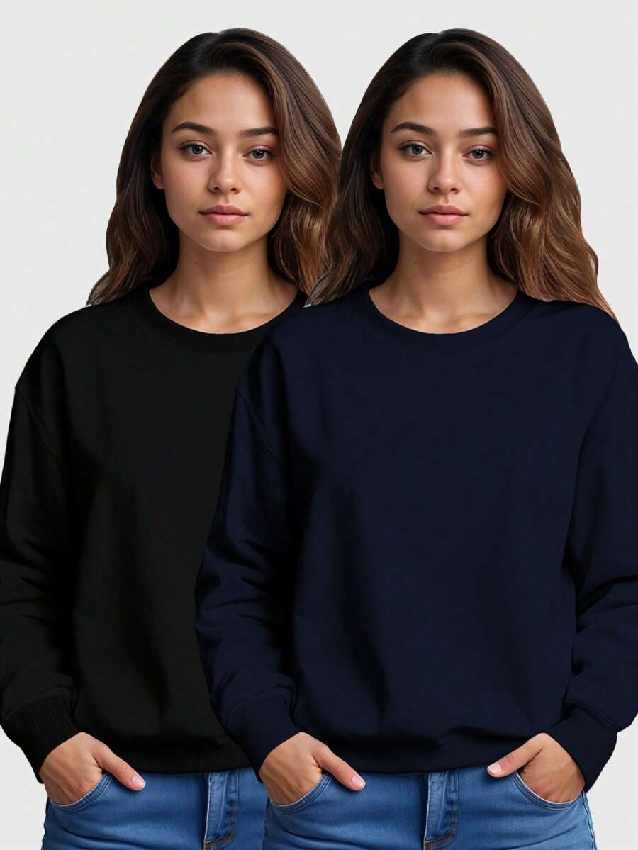 Set Of 2 Women's Plain Crew Neck Fleece Sweatshirts In Various Colors - Navy Blue - View 1