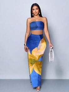 Vestido maxi elegante de fiesta con estampado de rayas abstractas y colores vibrantes, diseño ceñido y sexy, perfecto para salir, fiestas y vacaciones - Multicolor 15 - Ver 4