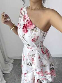 Vestido de mujer con estampado teñido borroso de un solo hombro con diseño de volante de dobladillo irregular, vestido de primavera/verano, vestido con diseño de dobladillo irregular, elegante y de moda, adecuado para uso diario, bodas, banquete - Rosa - Ver 4