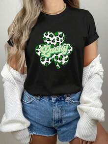 Algodón Camiseta De Manga Corta Con Cuello Redondo Y Estampado Del Día De San Patricio Para Mujer, % Algodón - Negro - Ver 1